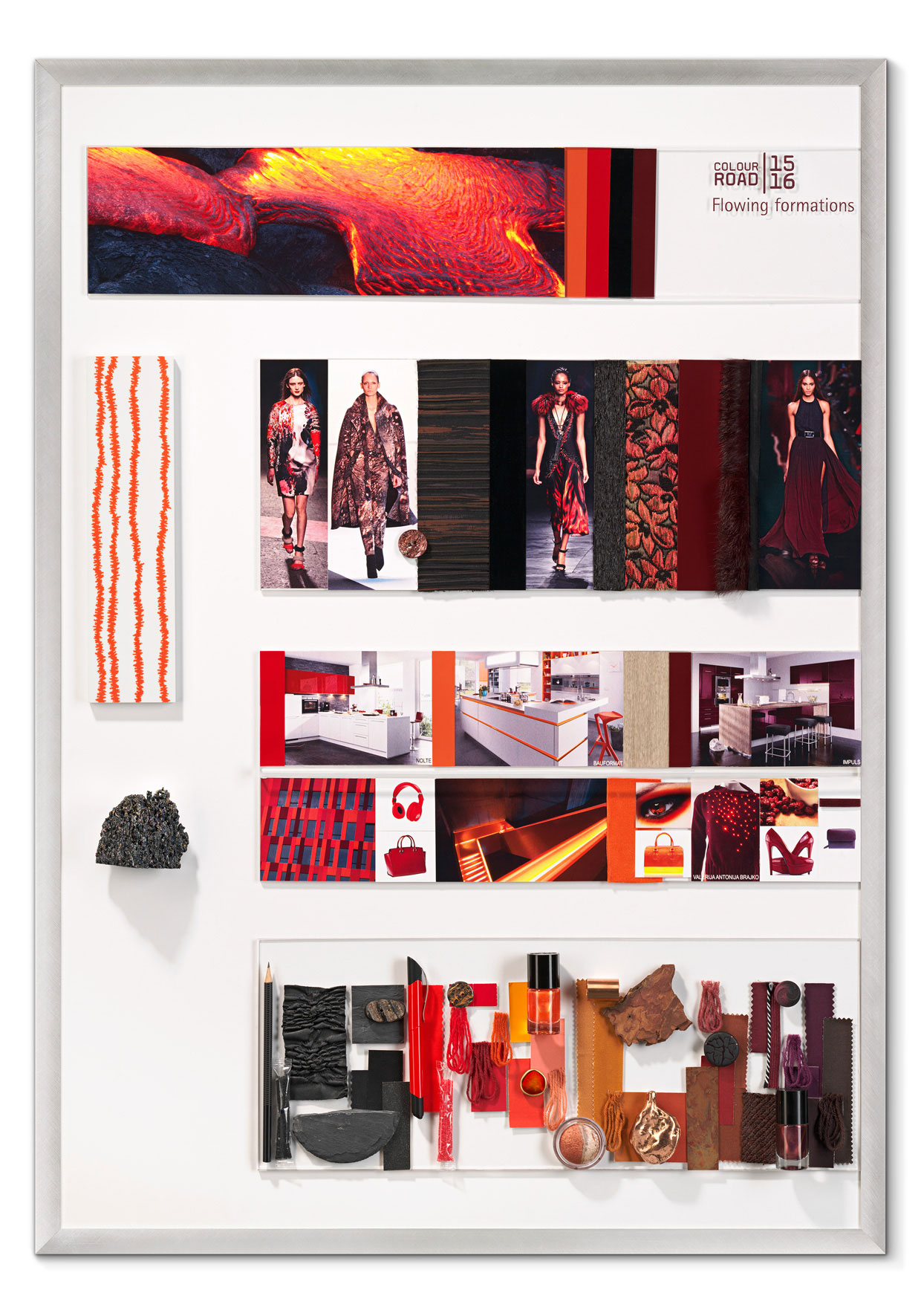 Swimming Formations Vyjadrujú pomalý pohyb červenej žeravej lávy po čiernom kamenistom svahu. Dominujú emocionálne silné farby, od energickej oranžovej po červené tóny, doplnené paletou odtieňov hnedej, farbami medi a červenohnedými kombináciami. Kontrastujú s farbami popola, sivou a tmavo čiernou. Tento kontrast sa vyznačuje temperamentom a dynamikou. V kurze sú materiály ako kožušiny, koža, terakoty, hrubý kameň, bridlicové reliéfy a nepravidelne tvarovaný kov. Medzi doplnkami sa uplatnia prútené výrobky a dekorácie. Charakteristickými farebnými odtieňmi fólií sú: Rose Hip, HG Peperoncino Rosso, HG Bordeaux a HG Orchidea Nera.