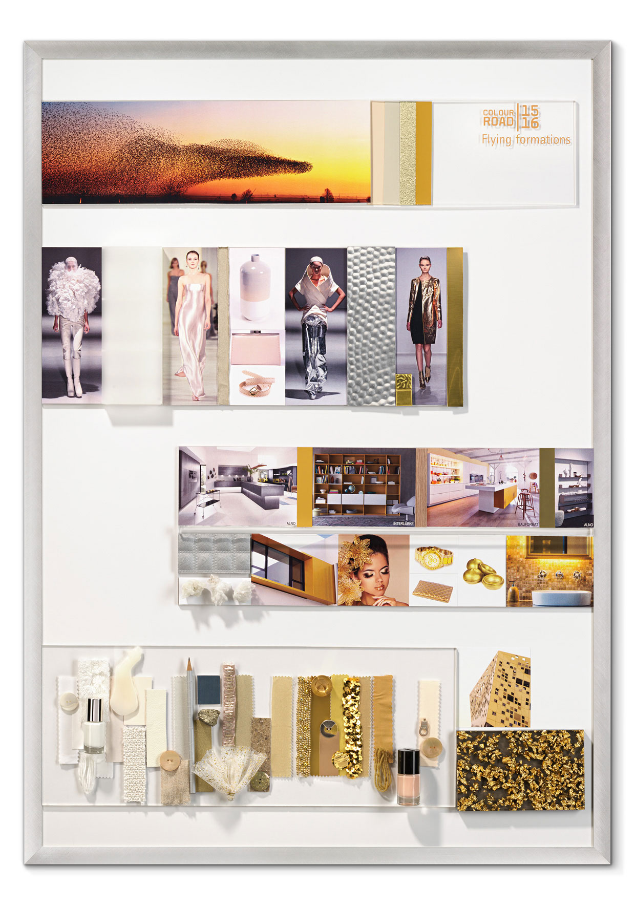 Flowing Formations Sú inšpirované farbami hlbín oceánov a pestrými húfmi rýb, reprezentujúcich tajomný podmorský svet. Typickými farbami sú odtiene studenej modrej vody, ktoré siahajú od tyrkysovo modrej až po tmavo modrú farbu oceánu. Farbu planktónu vyjadruje zelená v kombinácii s jasnými farbami podmorských živočíchov. Inšpirácia podmorským svetom sa objavuje aj v sklenených farebných materiáloch, latexe, neopréne a syntetických farebných kombináciách. Charakteristickými farebnými odtieňmi fólií sú: Wave Blue, HG Nautical Blue, Fern, HG Plankton.