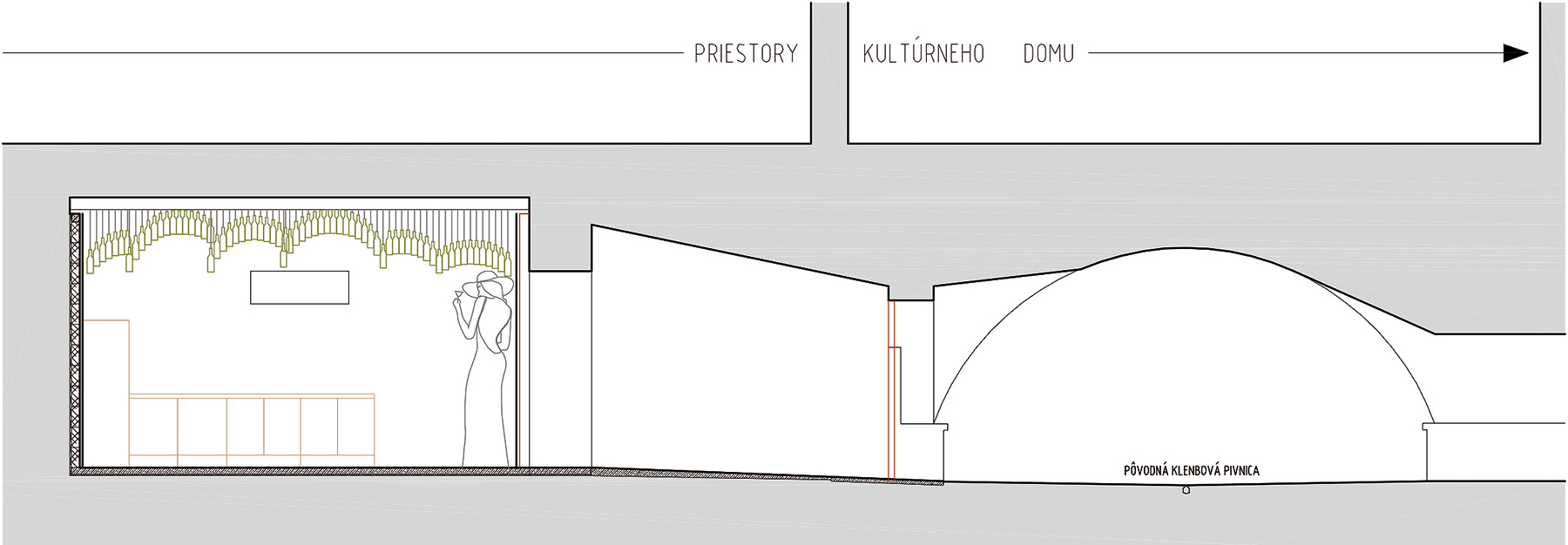 Priečny rez historickou klenbovou pivnicou a degustačnou miestnosťou