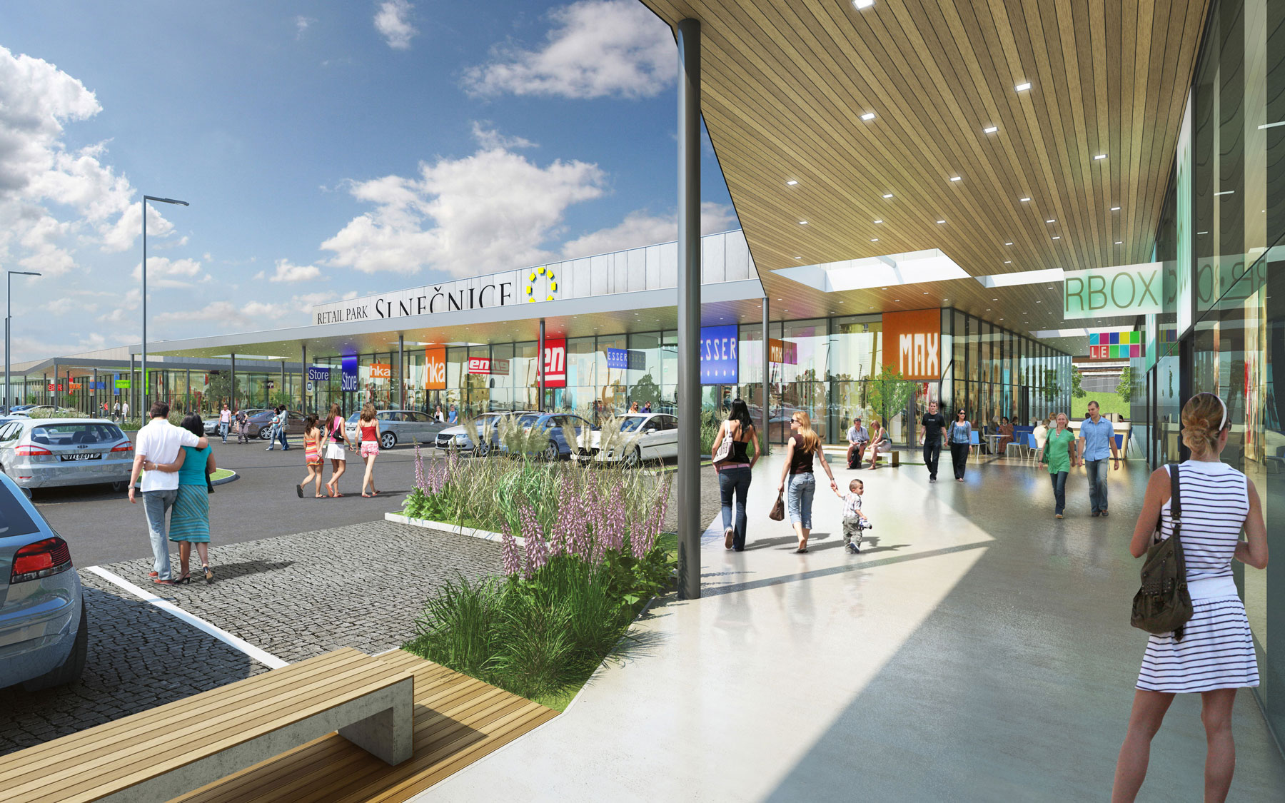 Sport & Retail Park Slnečnice (2017) Nákupné centrum v Slnečniciach prinesie na ploche približne 8 500 m2 mix obchodov a služieb s dôrazom na voľnočasové funkcie, šport a zábavu. Bude prepojené s plánovaným parkom v zóne Mesto. FOTO, VIZUALIZÁCIE: CRESCO GROUP, Henbury development