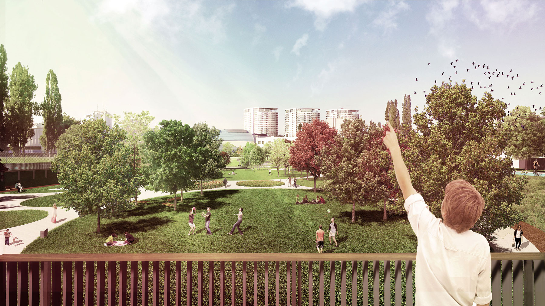 Horná úroveň JAMY je charakteristická vyhliadkovými mólami s aktivitami, športom a urbanizovanou mestskou zeleňou.