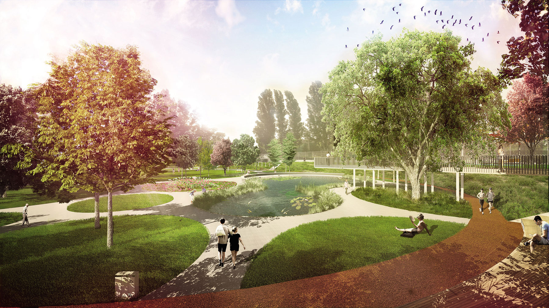 Dolná úroveň je špecifická živelnou vzrastlou zeleňou, vodnou plochou (jazierkom), prírodným amfiteátrom, priestormi na oddych a sedenie.