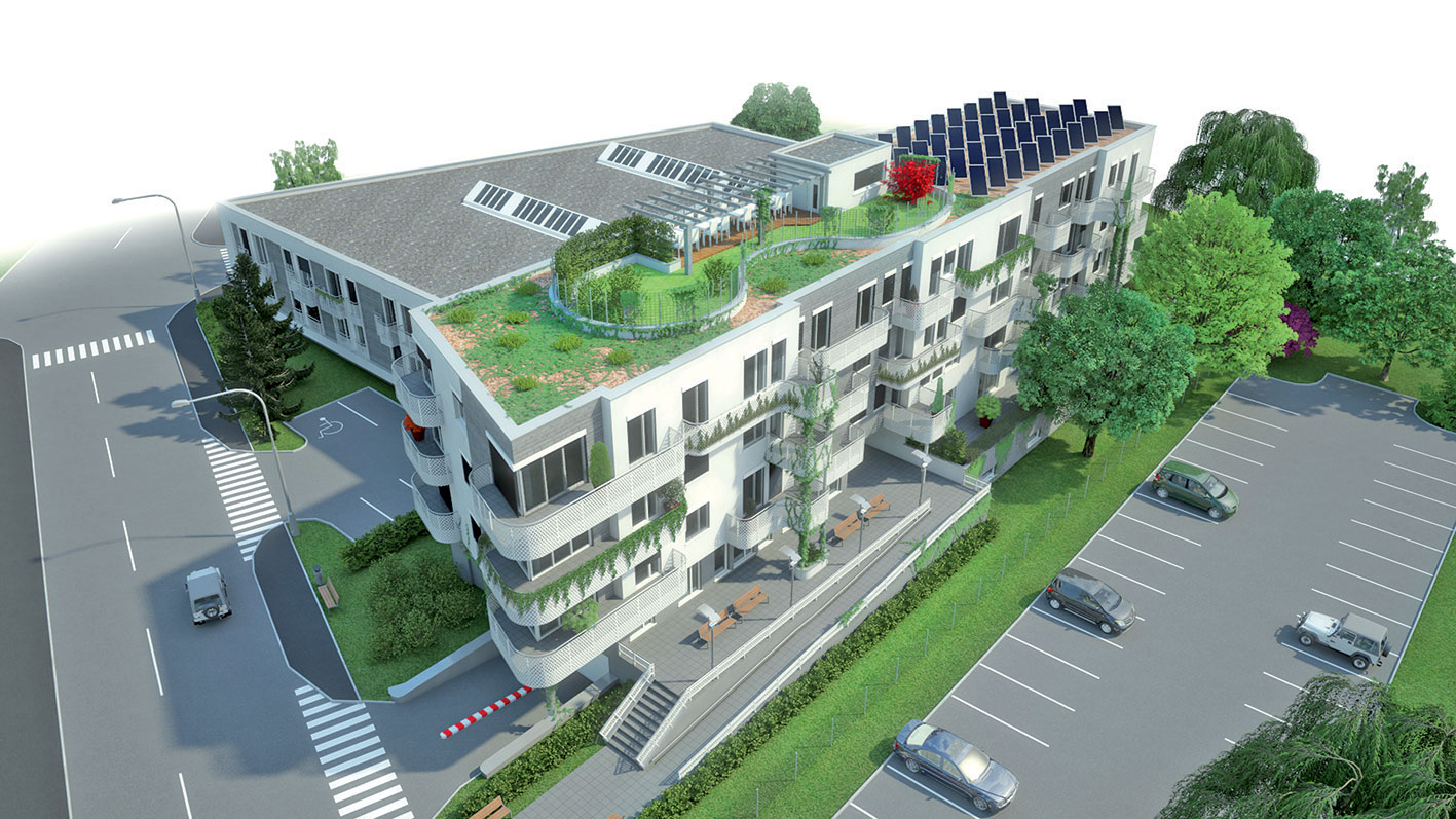 V oblasti hospodárenia s dažďovou vodou je cieľom udržať maximum zrážkovej vody na mieste výstavby. K tomu prispieva zelené strecha, ktorá zadržiava zrážkovú vodu. Na streche budú umiestnené aj fotovoltické slnečné panely na výrobu elektrickej energie