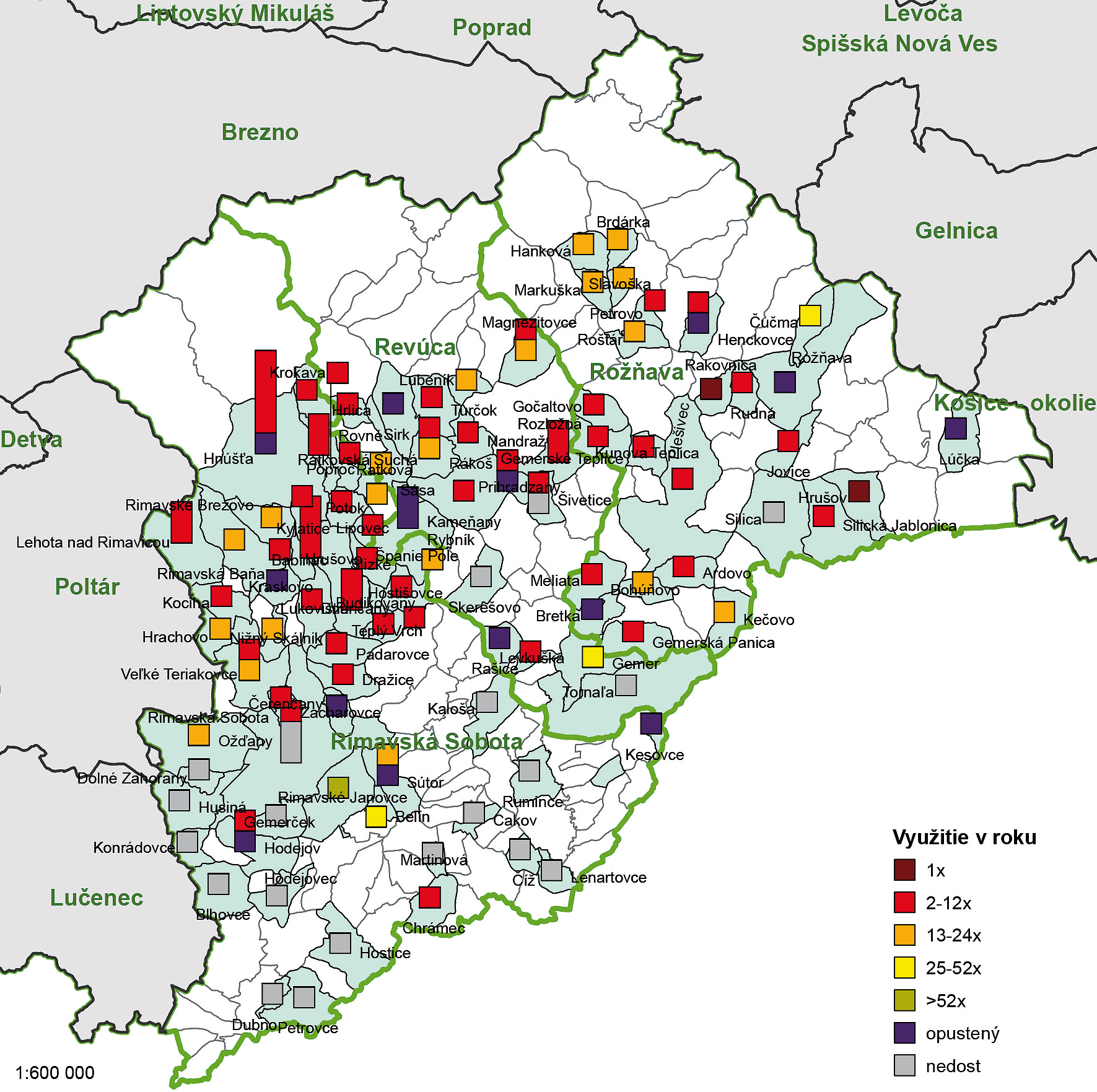 Kostoly v regióne Gemer: Využitie stavby počas roka Najväčšiu skupinu podľa miery využitia tvoria objekty nedostatočne využívané a s klesajúcou mierou využívania, tesne nasledované nevyužívanými stavbami opustenými/nadbytočnými  a nevyužívanými kostolmi, kaplnkami alebo modlitebňami.