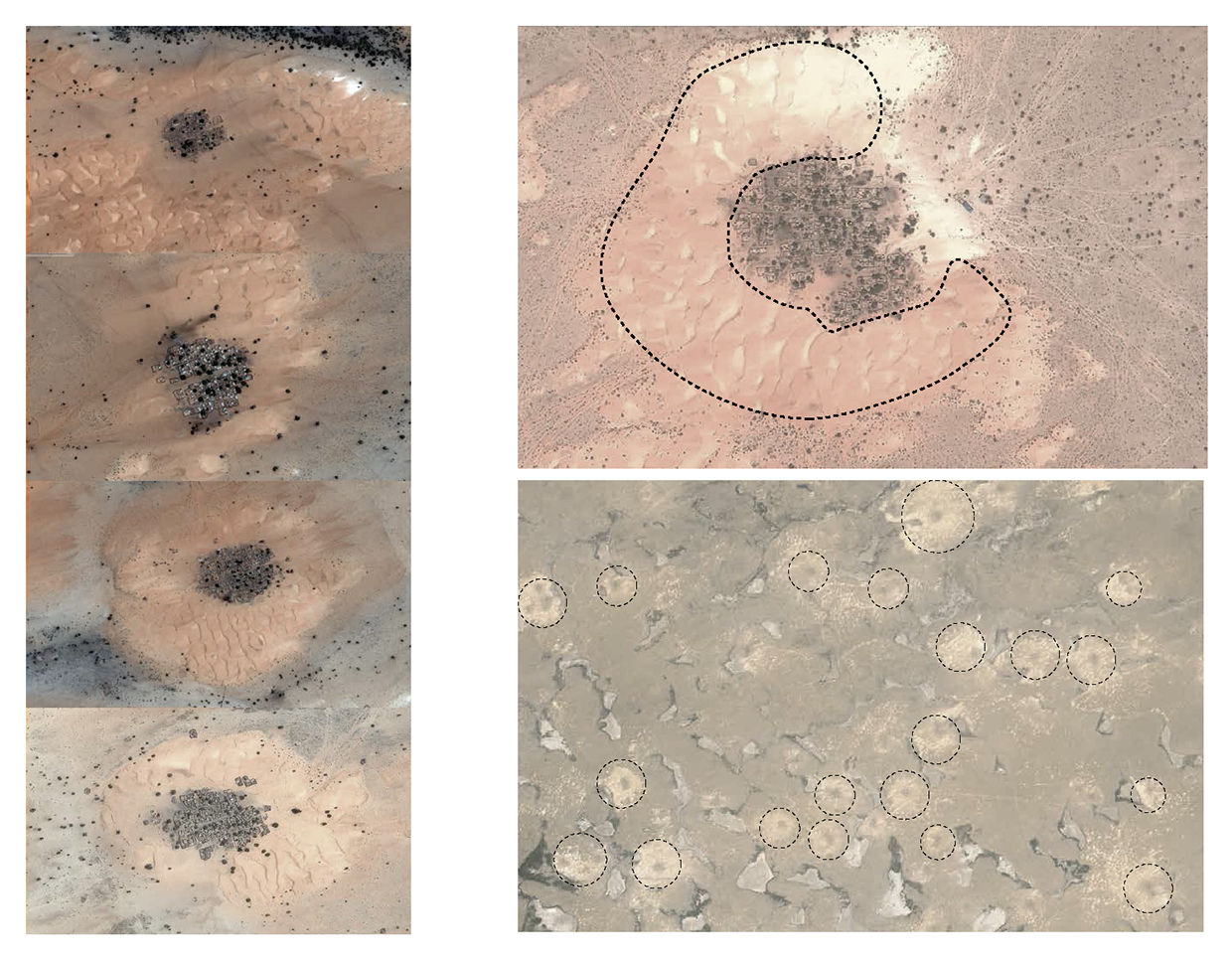 Satelitná snímka obydlia obklopeného valmi piesočných dún v subsaharskej Afrike