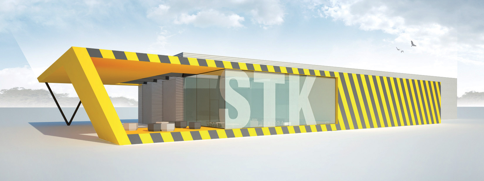 Výraz fasád pracuje so štylizovaným motívom žlto-čierneho výstražného značenia.