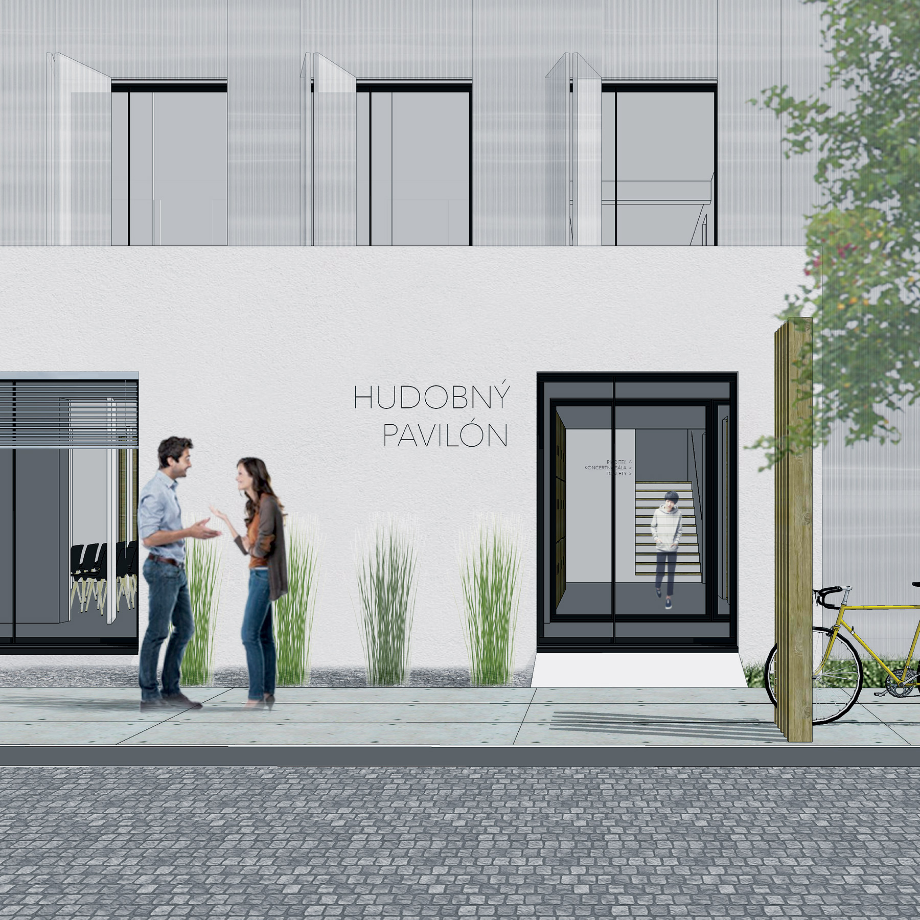 Drevené prvky akcentujúce vstup do objektu fungujú aj ako bicyklové stojisko.