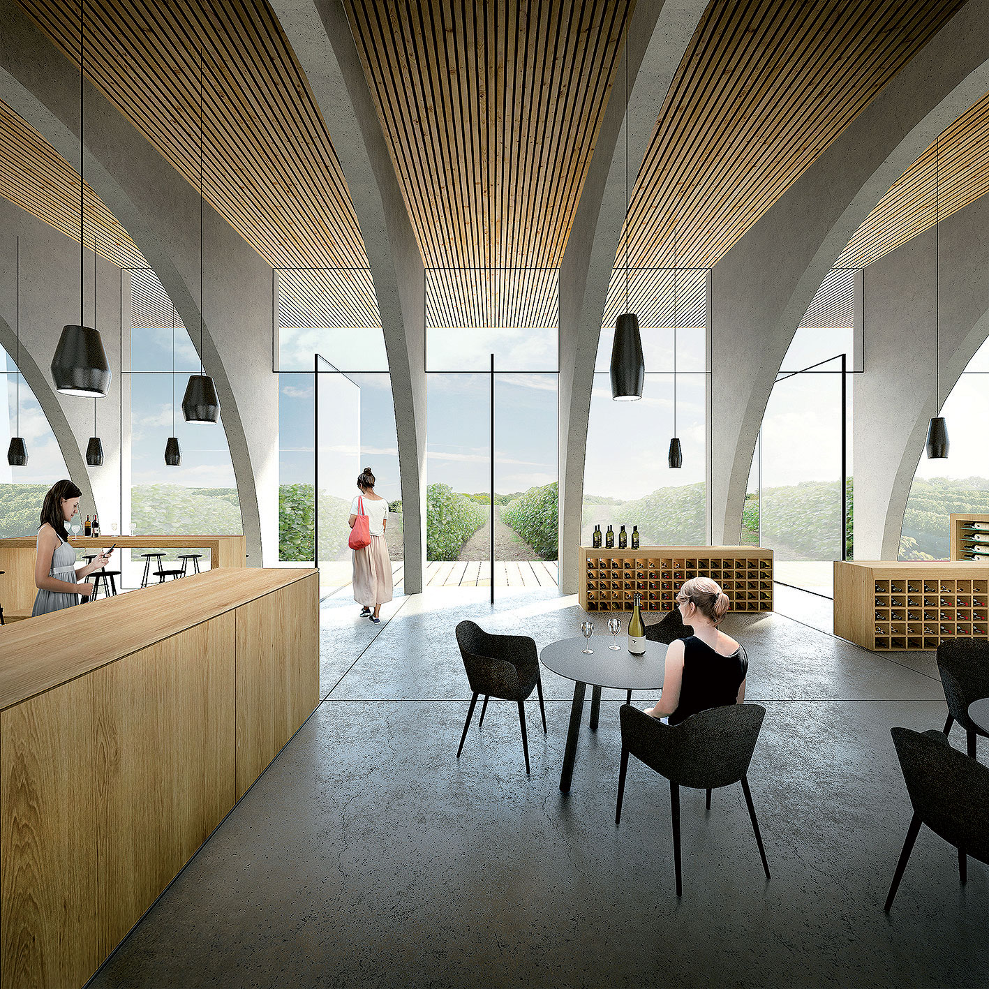 Rebrová klenba ako archetyp vinárskych pivníc našla uplatnenie aj v modernom návrhu.