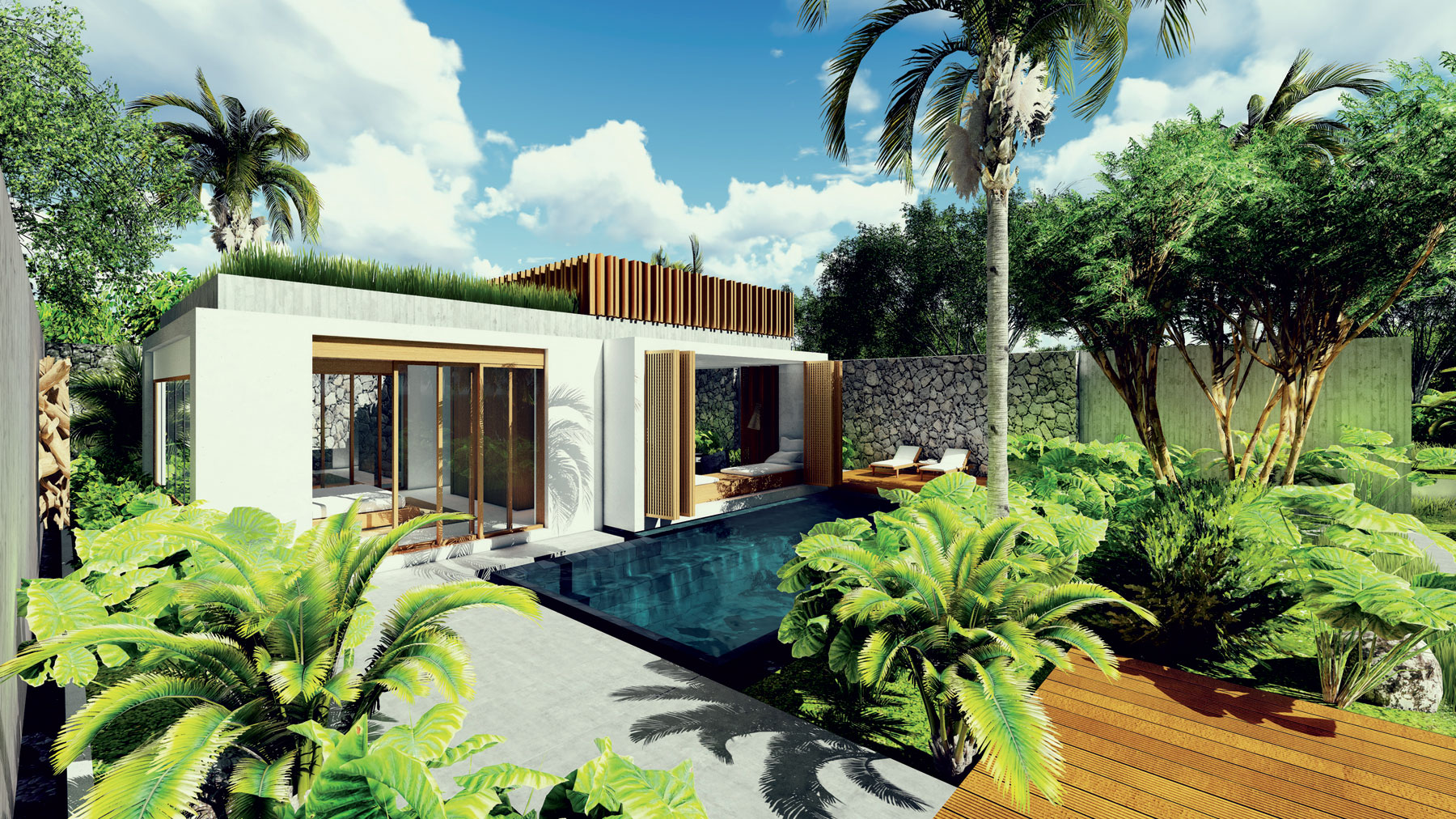 V návrhu sú materiály, ktoré vychádzajú z domácej tradície, ako aj miestnych zdrojov: použité je exotické drevo a kameň so zaujímavou štruktúrou, ale nechýba ani aplikácia liateho betónu, ktorý ich citlivo prepája.