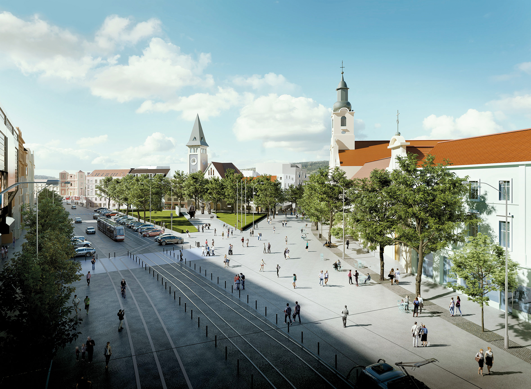 Finálny stav strednej časti Námestia SNP po realizácii oboch etáp zásahov „quick wins“.