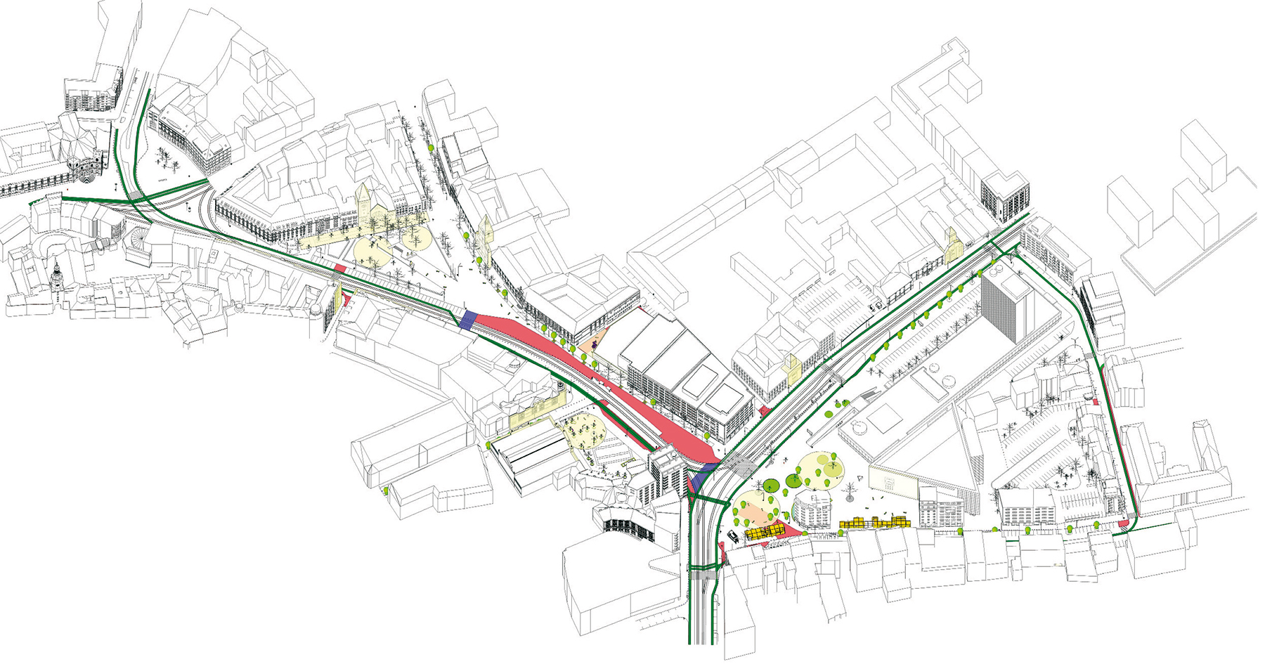 Finálne riešenie celého areálu v axonometrii.