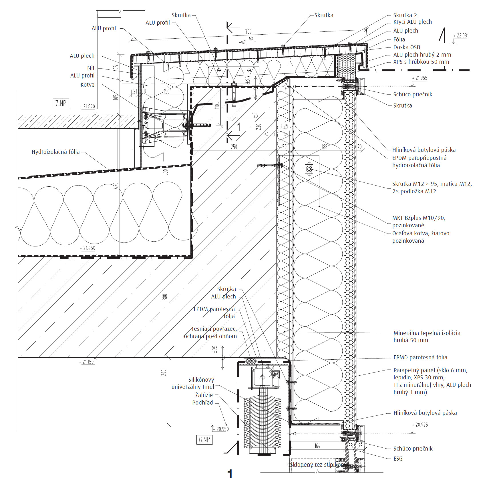 Detail – napojenie fasády  na atiku.