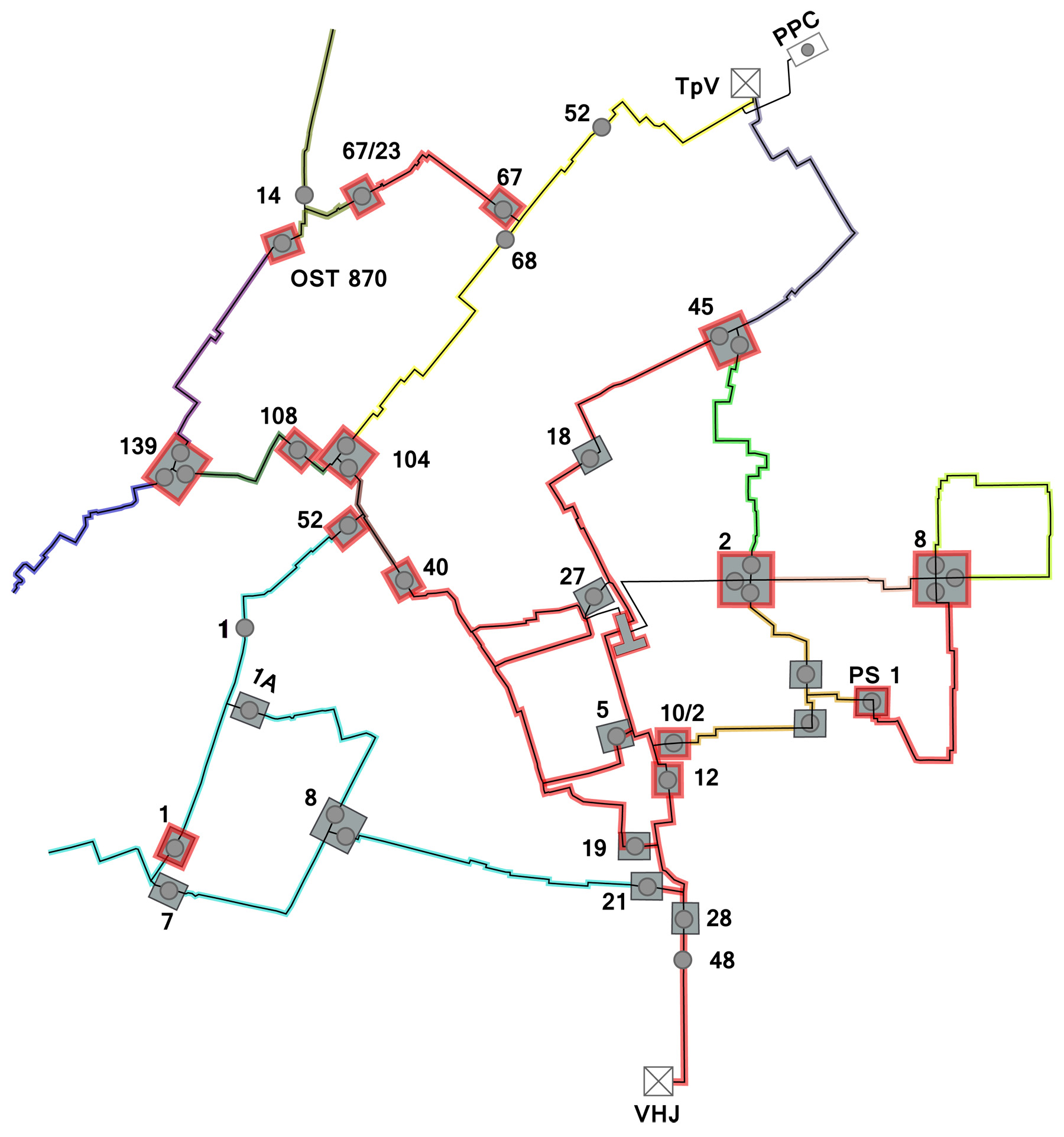 Obr. 6 Schéma sústavy Východ s vyznačenými diaľkovo ovládanými šachtami – jednotlivé úseky sústavy možno oddeliť