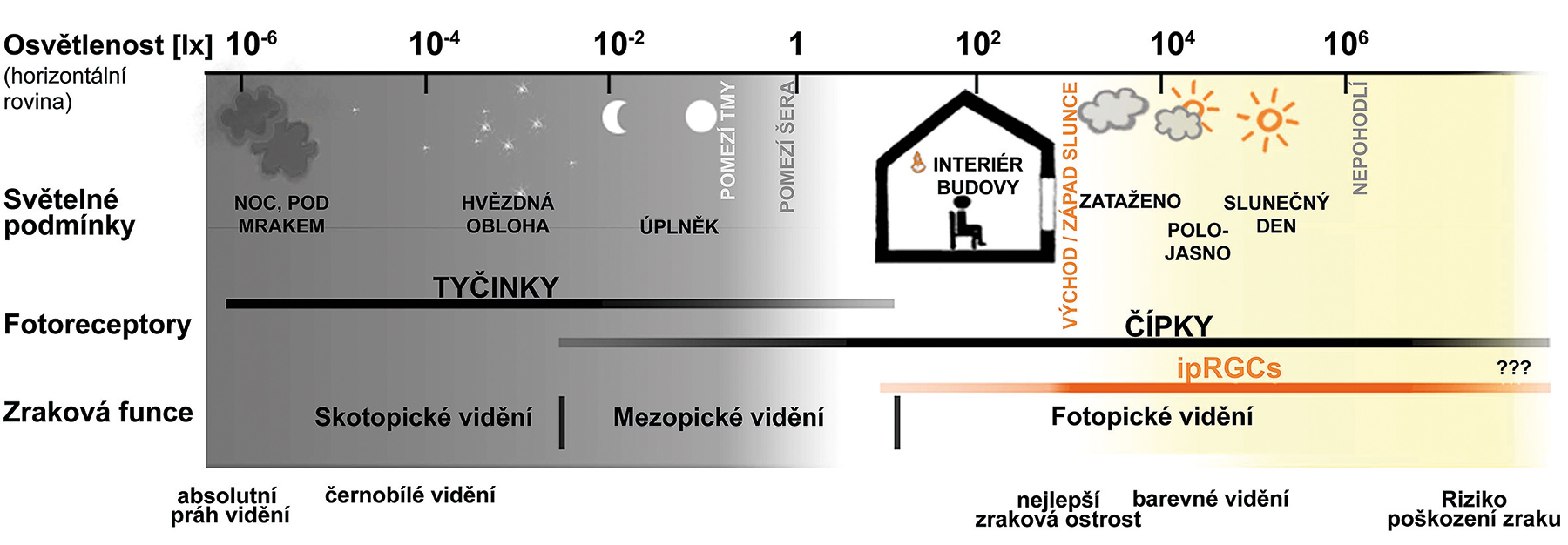 Obr. 4 Osvetlenosť, vizuálna a nevizuálna funkcia. Príklad možnej osvetlenosti horizontálnej roviny (v lx) v rôznych svetelných podmienkach, citlivosti ľudského oka, režime zraku a aktivite fotoreceptorov. Rozsah citlivosti ipRGCs fotoreceptorov nevizuálneho systému je vyznačený oranžovou líniou (zdroj: [5]).
