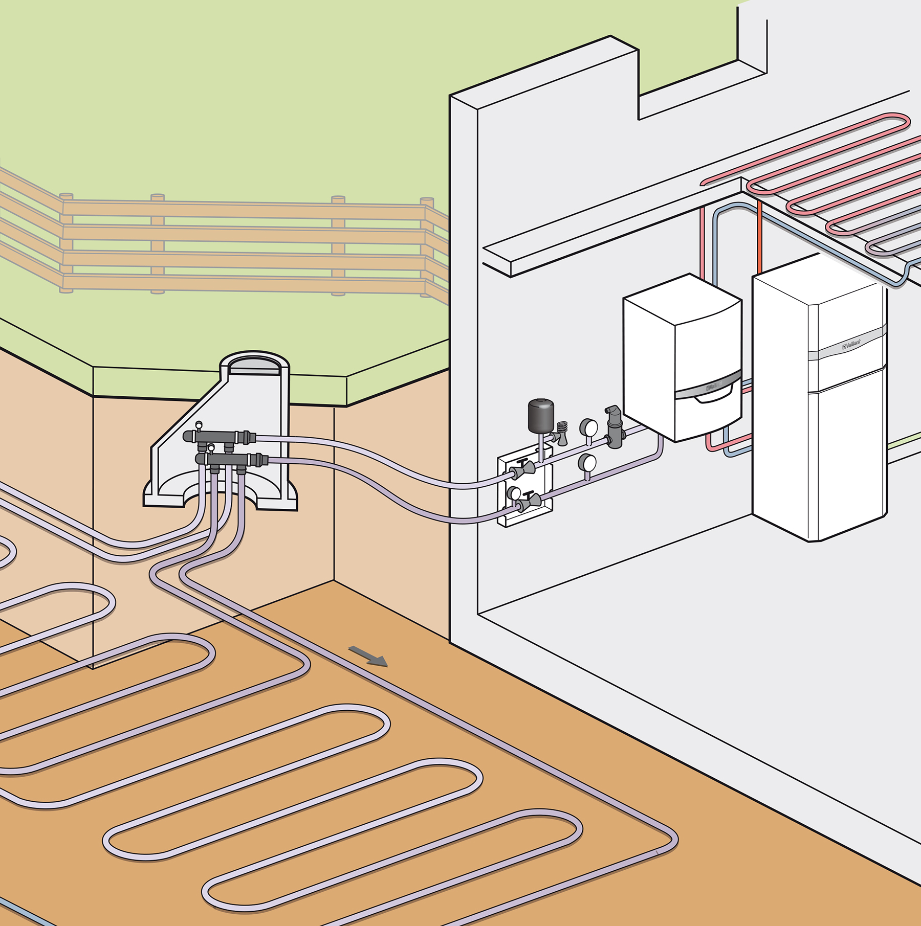 Hybridný systém: Závesné tepelné čerpadlo geoTHERM zem/voda a modul uniTOWER.