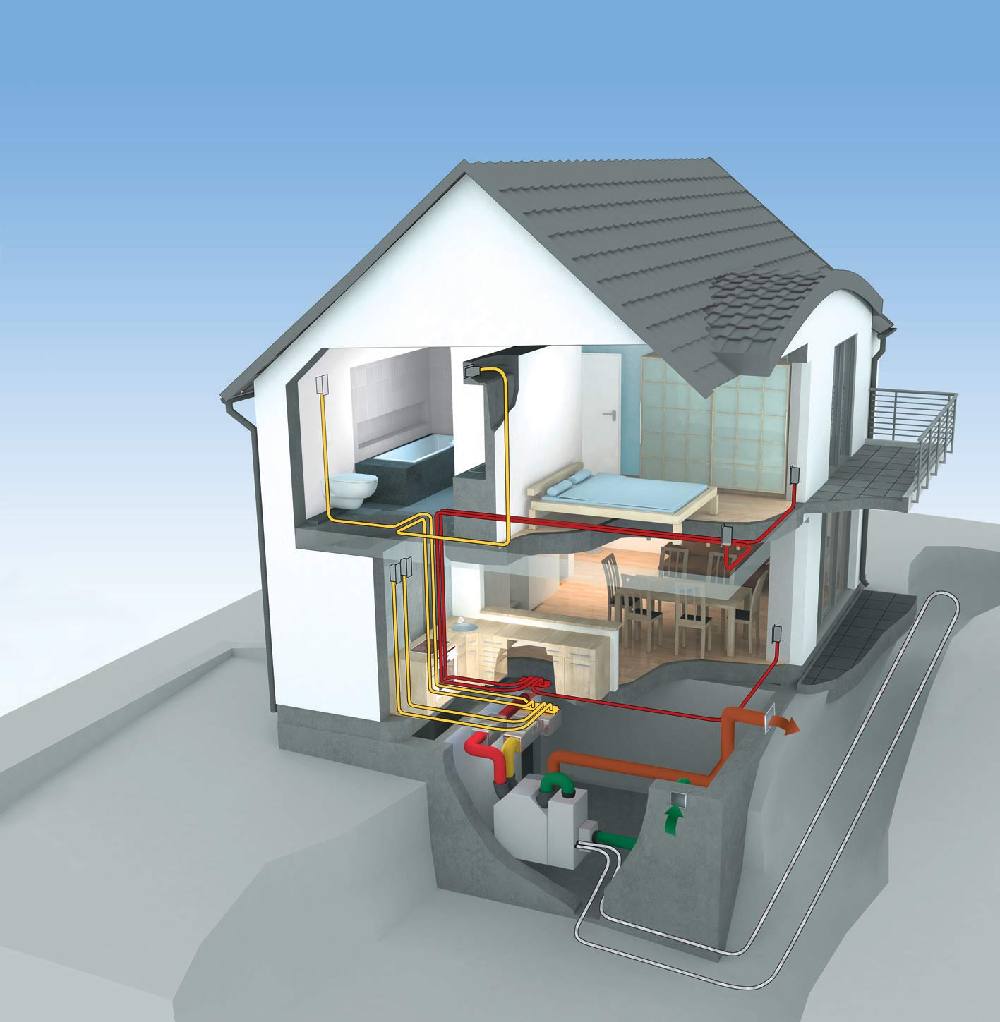 Obr. 7 Kvapalinový soľankový zemný výmenník tepla Zehnder ComfoFond-L s dĺžkou potrubia do 60 m. Vďaka jednoduchej inštalácii zemného výmenníka pred vetracou jednotku je ideálnym riešením na zvýšenie komfortu ochladením vzduchu v lete a predhriatie vzduchu v zime, ako do rodinných a bytových domov, tak aj nehnuteľností so spodnou vodou