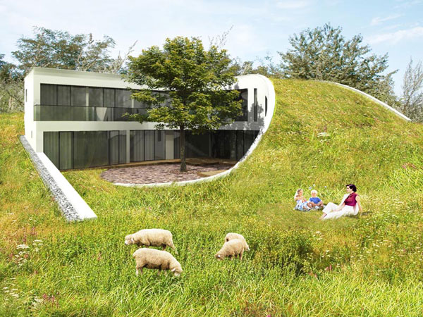 rodinny dom s vegetacnou strechou zacleneny do krajiny